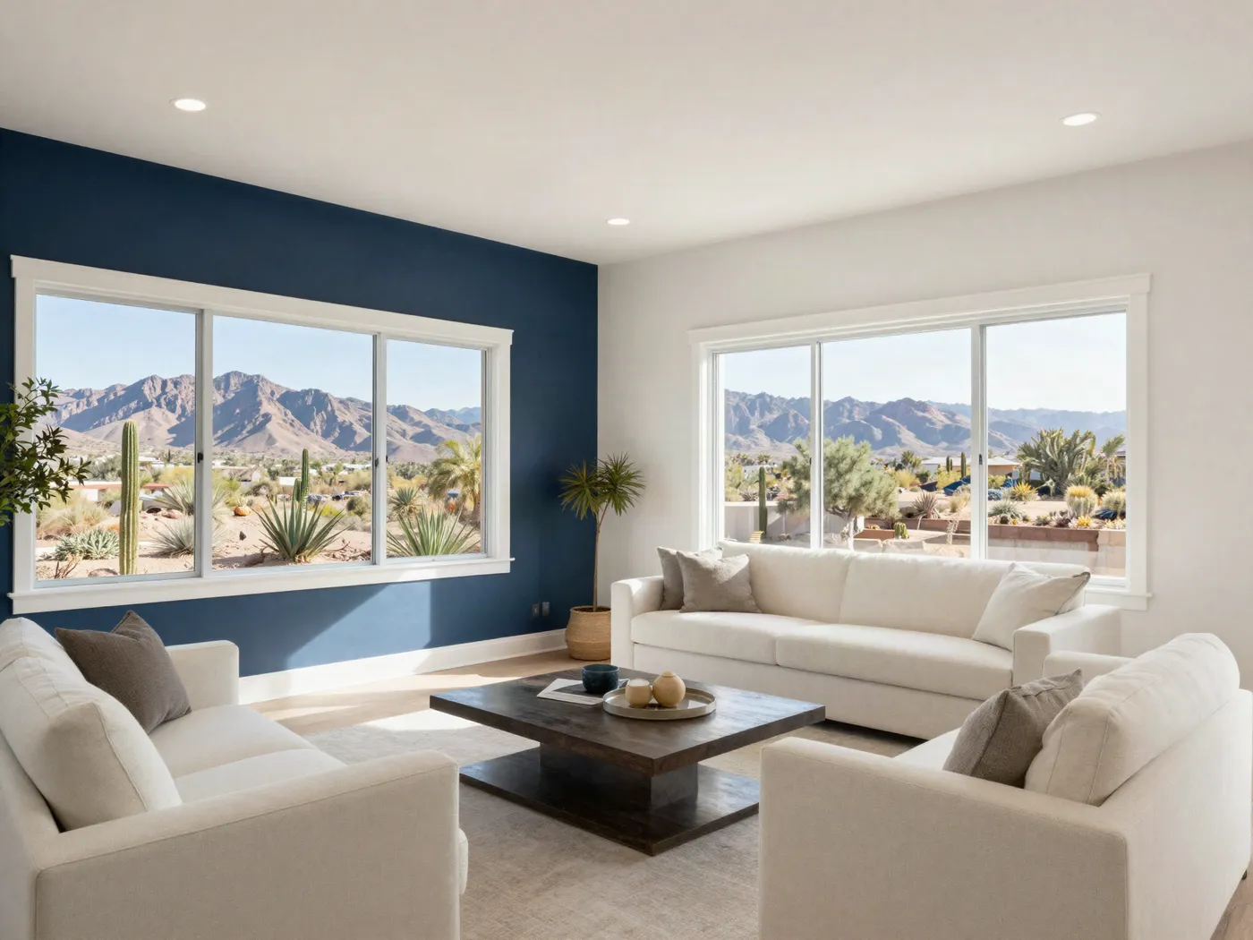Living room with warm white walls and a navy accent wall overlooking the desert