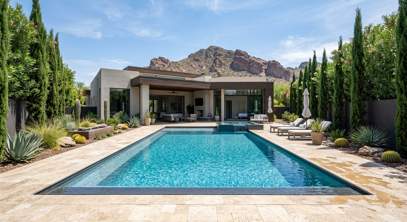 Resort-style outdoor pool and living space in North Phoenix, AZ built by Apex Home Concepts